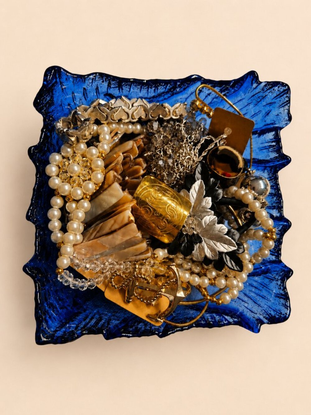 Mixed Statement Jewelry Lot with Cobalt Blue Art Glass Dish